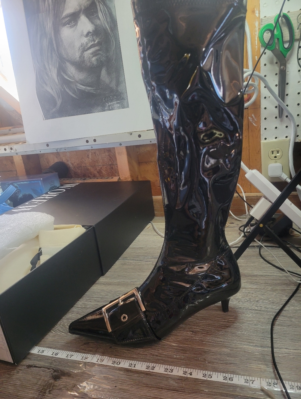 WeWoreWhat‎ NEW IN BOX Knee High Buckle Boot Black 38 39 Stretch Patent Dustbag